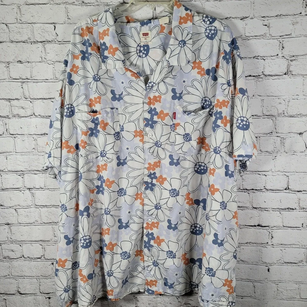 Levis Floral Button Down Shirt Mens 5XL White Blue Relaxed Fit Short Sleeve EXCL